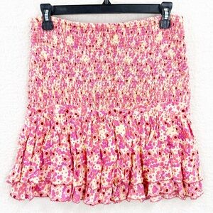 Poupette St Barth Smocked Tiered Mini Skirt Floral Size L NWT
